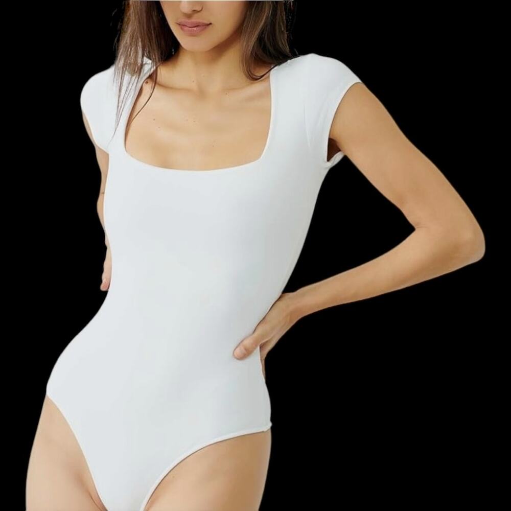 NWT $58 Free People Square Eyes Square Neck Short Sleeve White Bodysuit Size XS